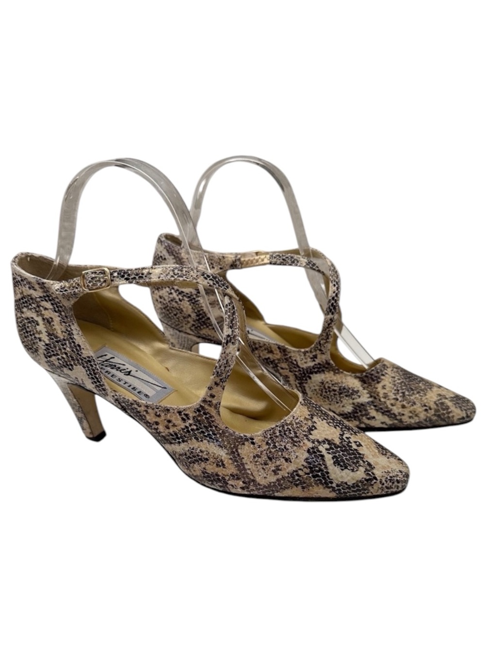 Vintage 80s Snakeskin Print Adjustable Ankle Strap Heels Tan Gold Brown Size 7